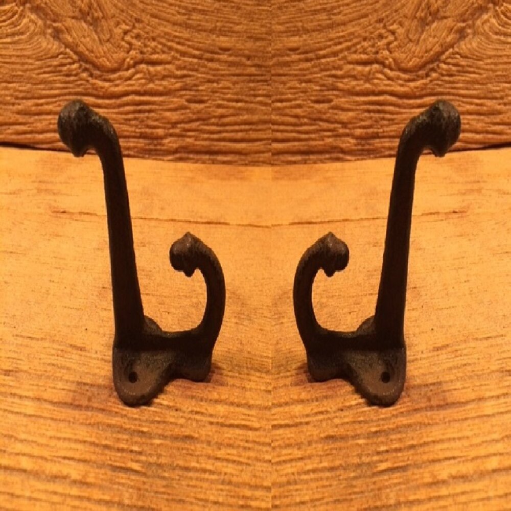 Two (2) Cast Iron Black Double Acorn Wall Hooks 3" Deep Two (2) 0170-531705 B